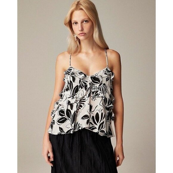 J Crew Drapey Ruffle Tank Top Black Floral White NWT Size Large - Picture 1 of 7